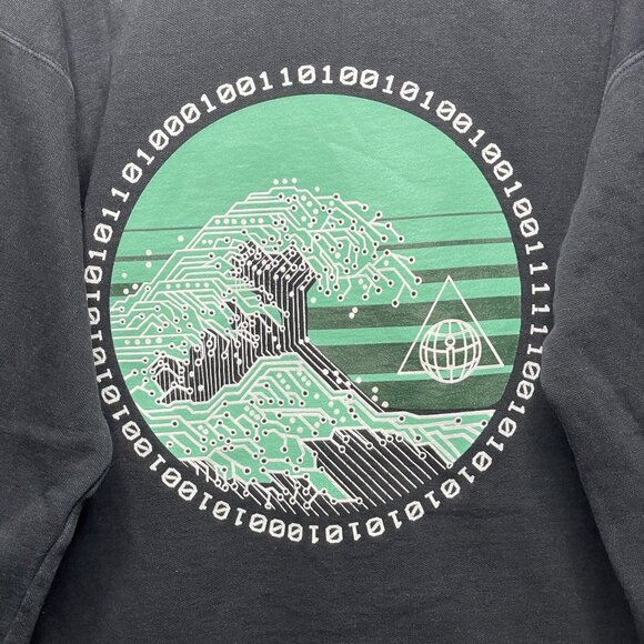Japanese Street Brand Black Graphic Hoodie With Binary Wave Back Print Size M - Picture 5 of 6